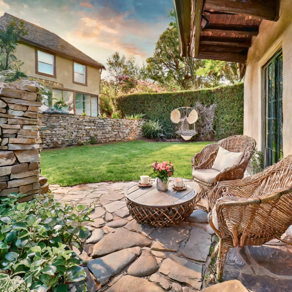 Firefly beautiful suburban backyard with wicker furniture and a stone patio as seen from the house 8