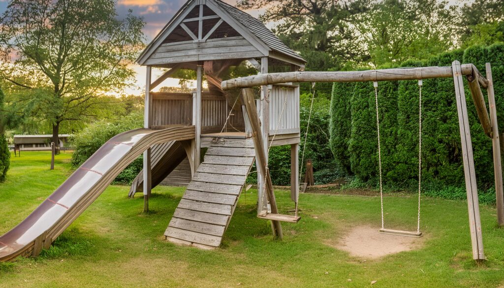 old wooden jungle gym and swingset in a backyard 20203